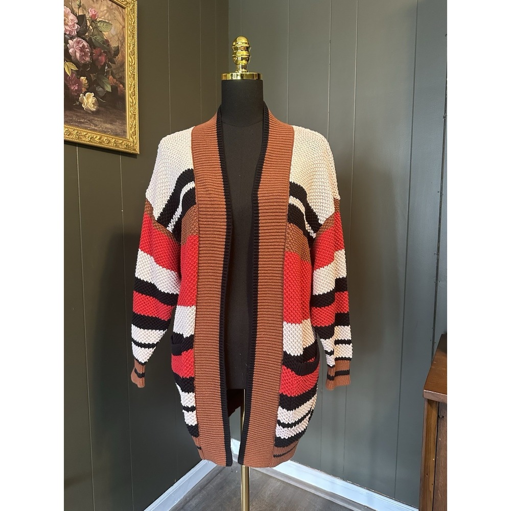 Express Multicolor Striped Knit Longline Oversized Open Front Cardigan‎ L Large